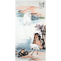 Hand-painted Chinese twin egrets painting with plum blossom, mountains and water, Sun Qifeng inspired Shuang Lu Tu, 138 x 70 cm artwork core