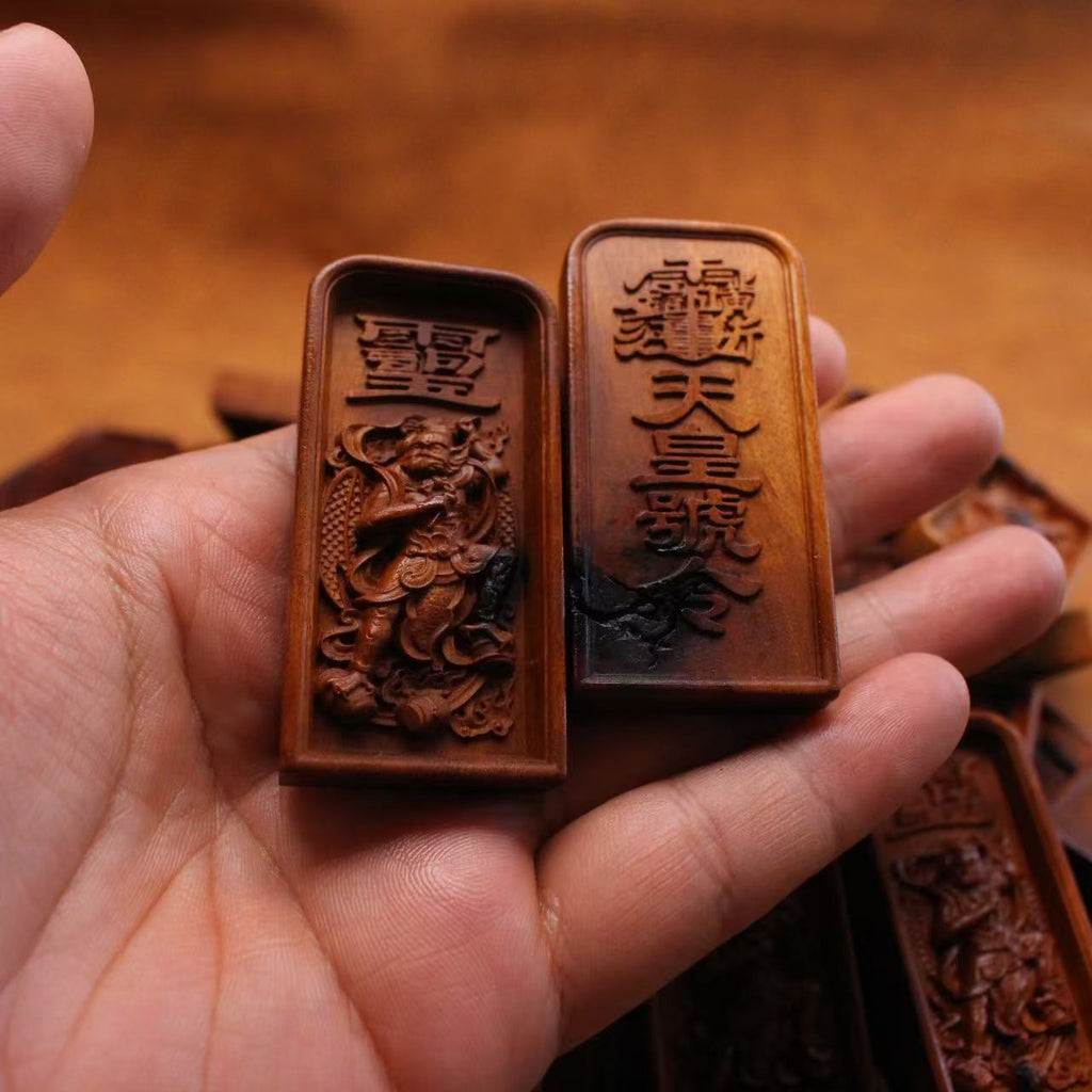 Carved jujube wood Taoist Deng Tianjun command plaque with warrior deity relief and Chinese inscription
