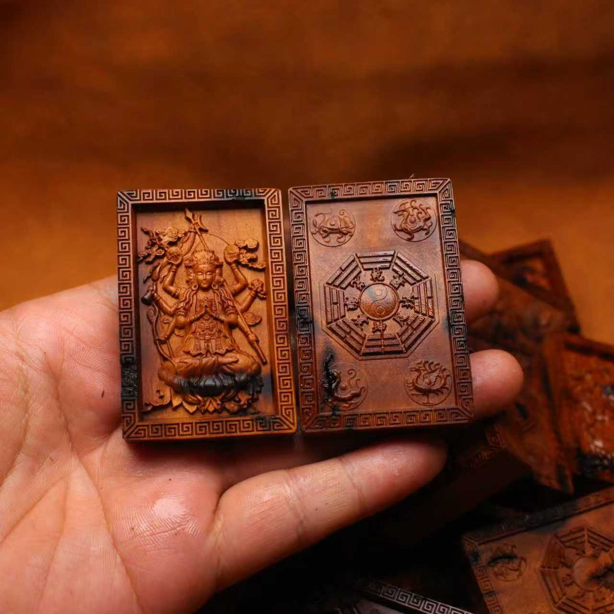 Carved jujube wood Taoist Doumu Yuanjun double-sided plaque with deity relief and Bagua reverse