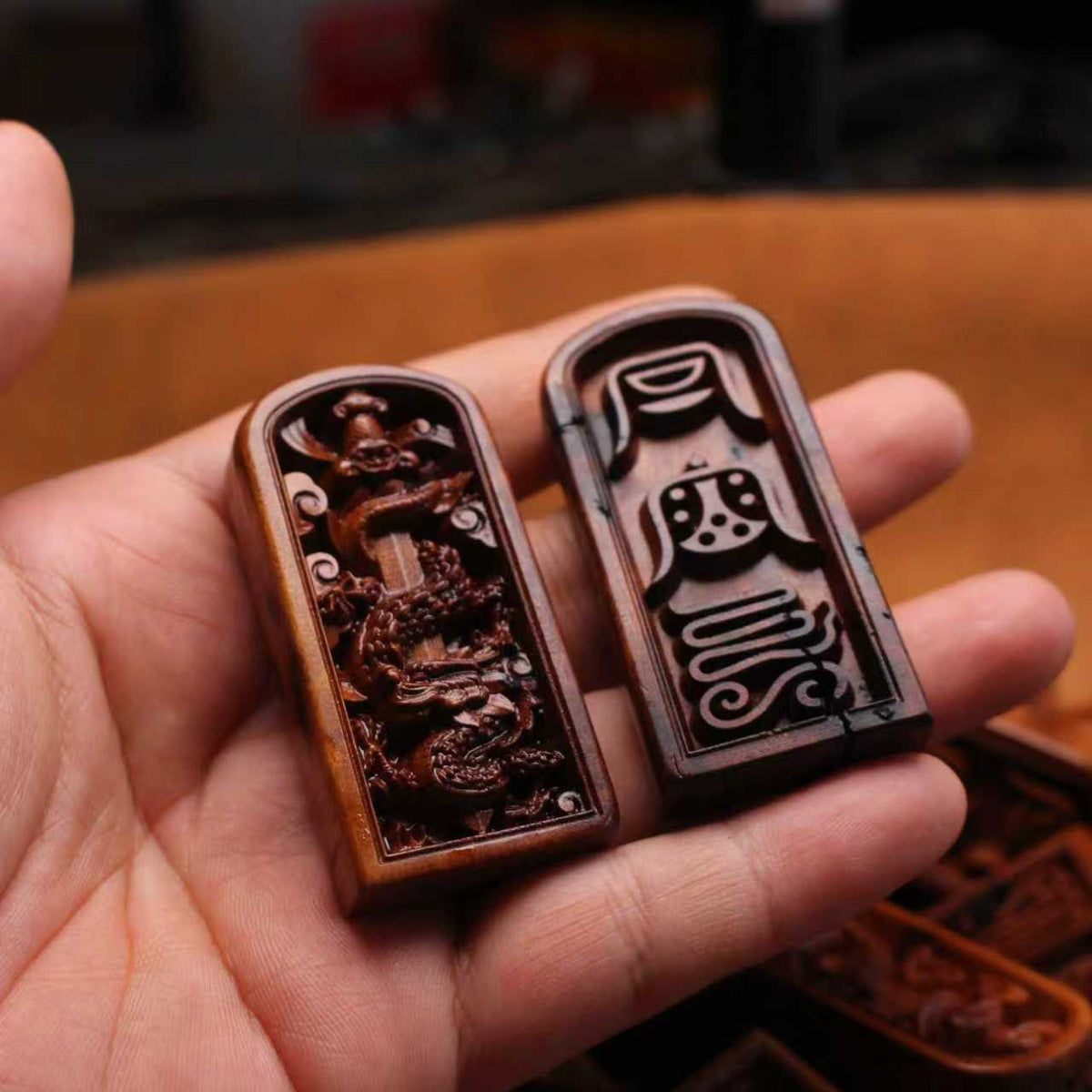 Carved jujube wood Taoist Dragon Sword Five Thunder command plaque with dragon relief and stylized thunder-script reverse