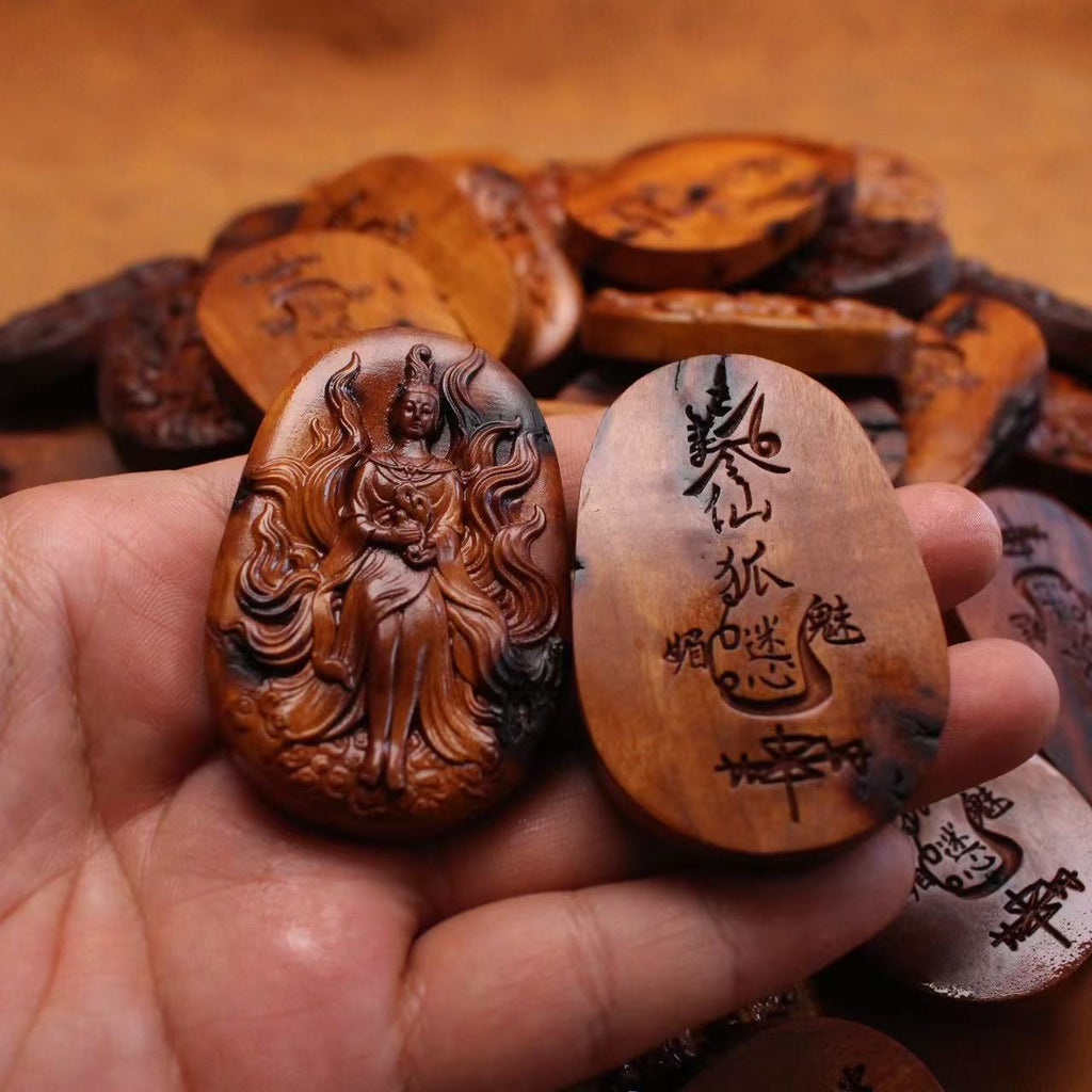 Carved jujube wood Fox Immortal Huxian plaque with standing spiritual figure and Chinese fox immortal inscription