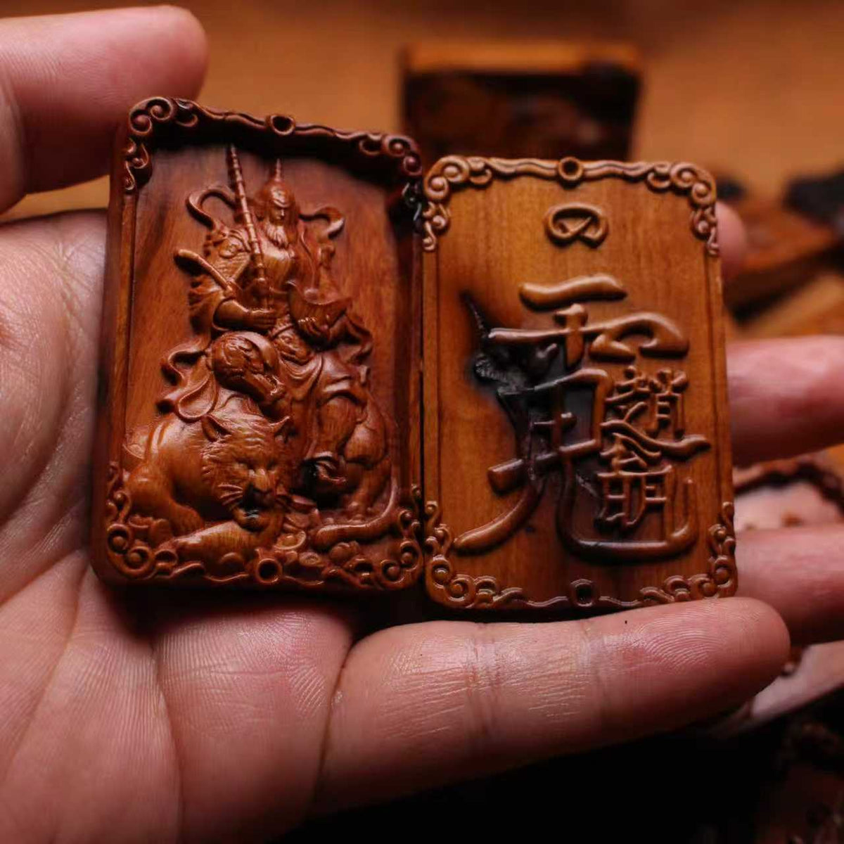 Carved jujube wood Zhao Xuantan or Marshal Xuantan Taoist wealth deity plaque with raised figure and Chinese inscription