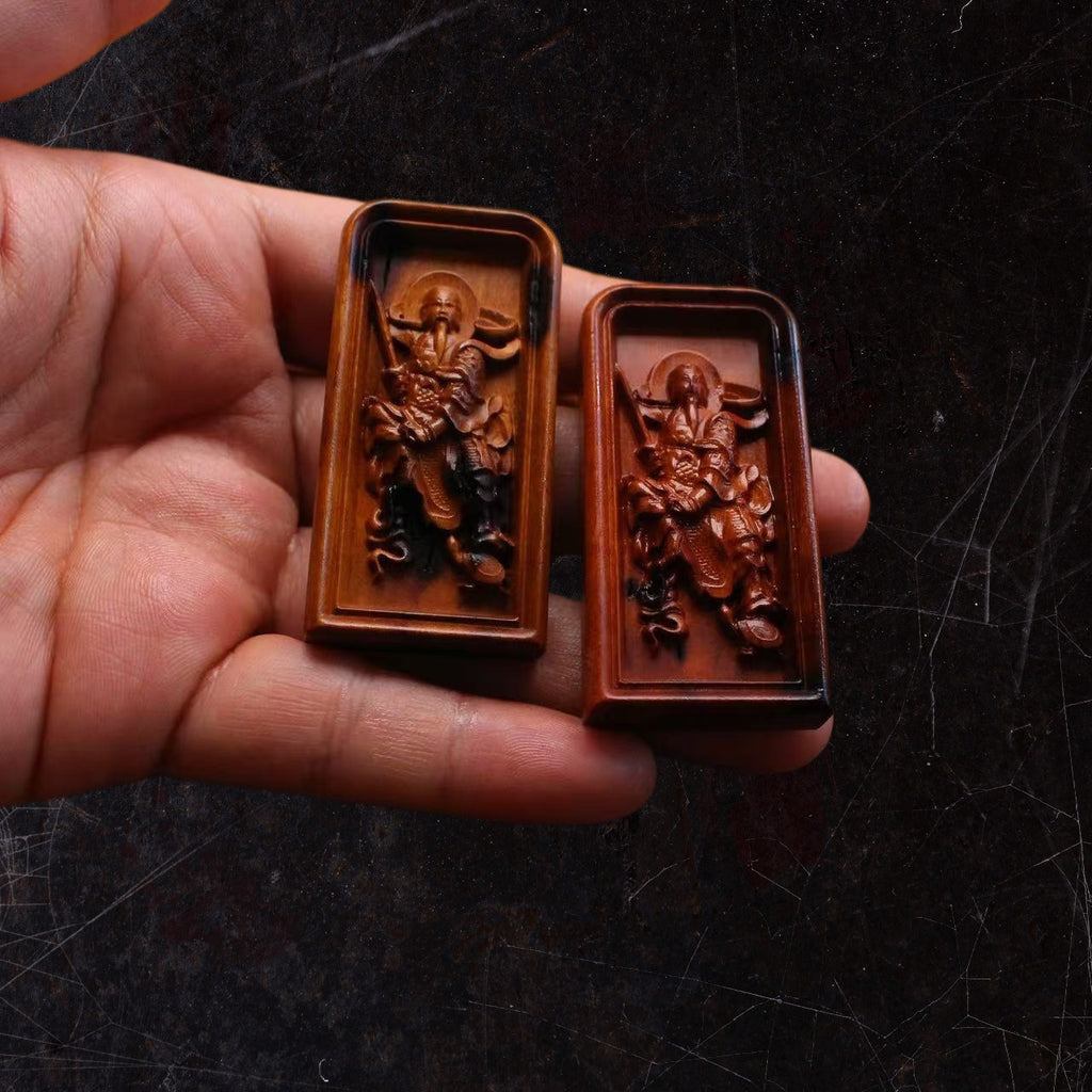 Carved jujube wood Taoist Zhenwu Dadi command plaque with detailed warrior deity relief