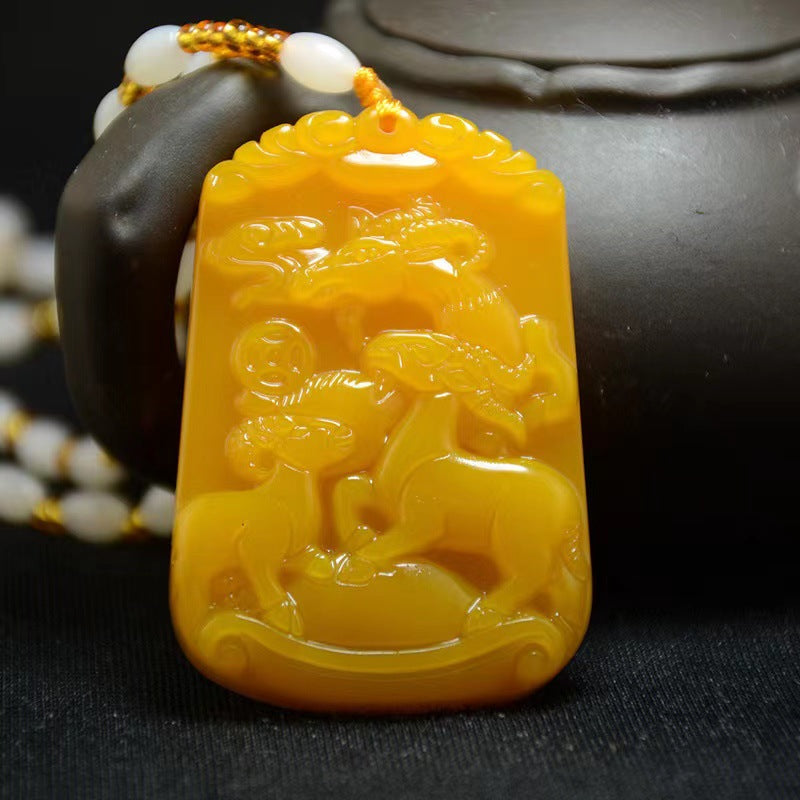 Golden yellow Three Goats Prosperity Chinese zodiac pendant front view