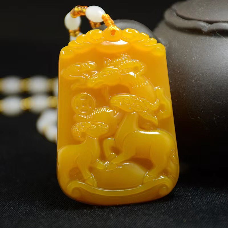Chinese zodiac goat carved pendant with braided cord