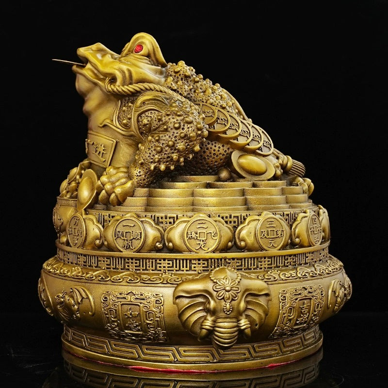 Three-legged money toad Jin Chan brass prosperity sculpture with treasure basin and Chinese coins