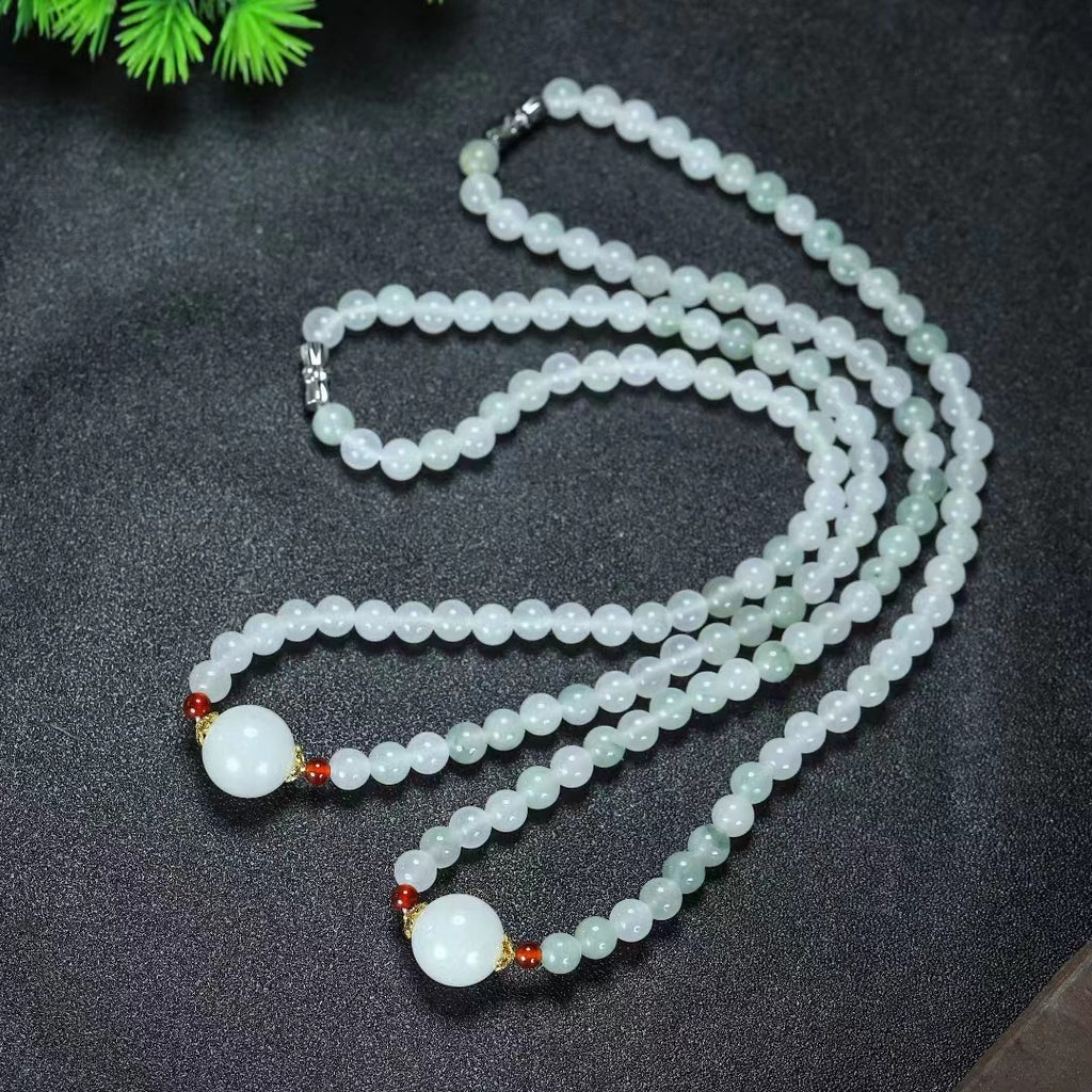Tianshan Cui pale green bead necklaces with round pendant accents