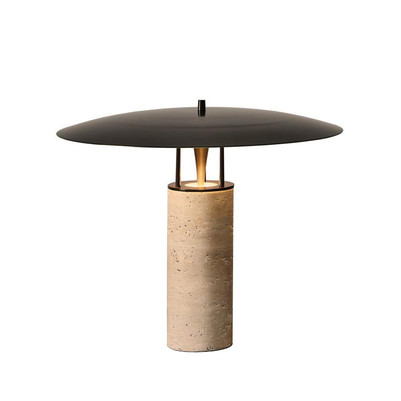 Natural travertine cylinder lamp with black postmodern disc shade