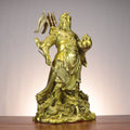 Chinese Guan Gong Martial God of Wealth copperware statue holding treasure vessel and guandao above a Nine Dragon base with command flags