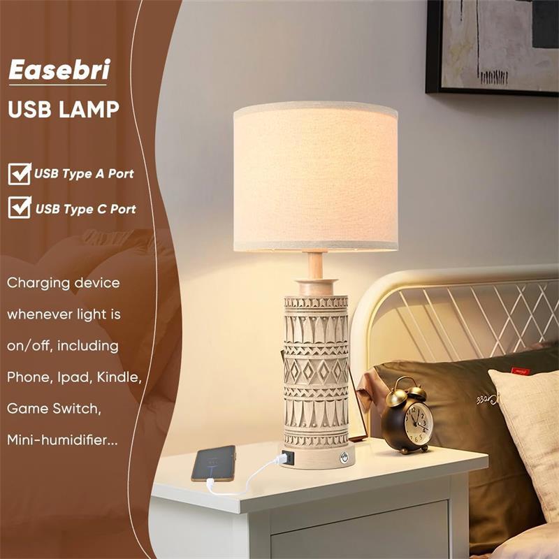Tribal pattern USB table lamp on bedroom nightstand
