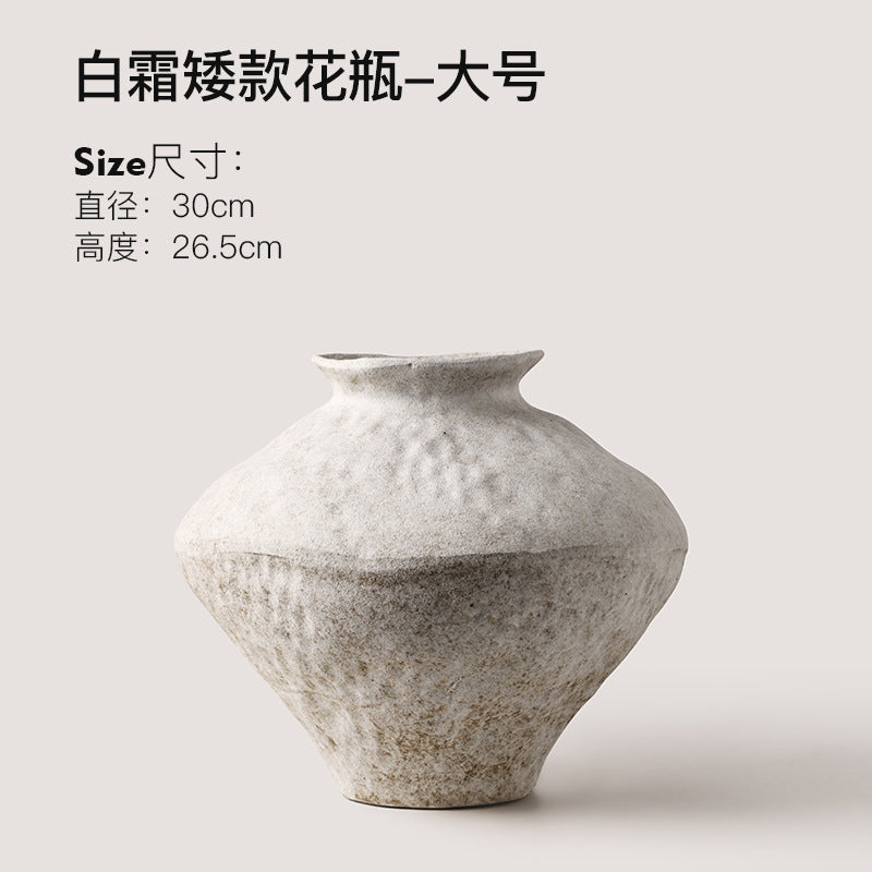 Large frost white wabi-sabi ceramic vase with broad sculptural shoulder