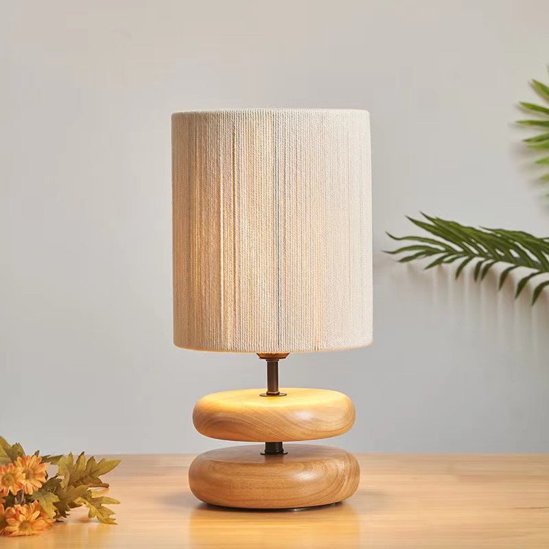 Natural wood stacked oval table lamp with fabric shade