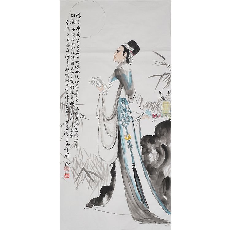 Wang Xijing inspired hand-painted Chinese court lady painting 仕女圖 B, refined female figure art for living room, bedroom or study