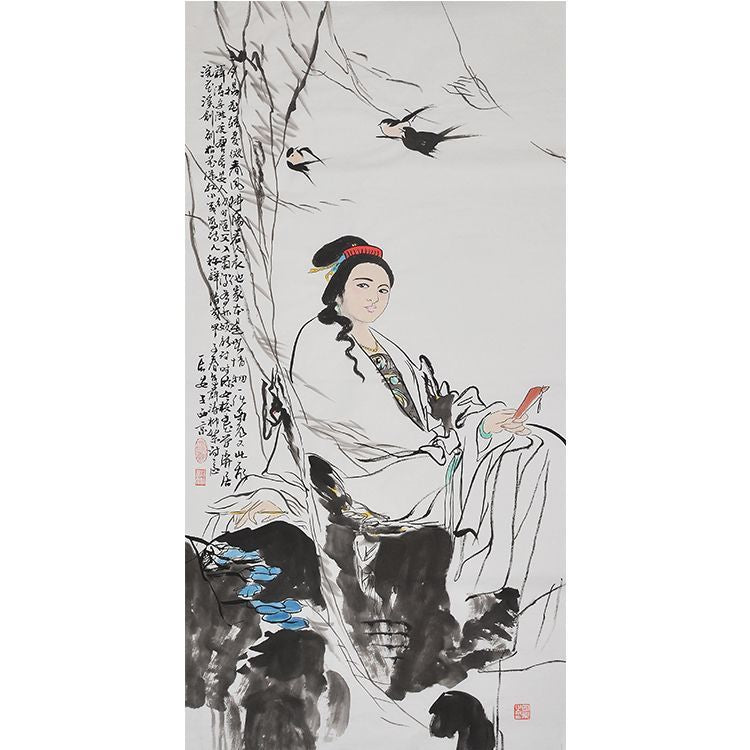 Wang Xijing inspired hand-painted Chinese court lady with birds 仕女圖, elegant figure painting with flying birds and rock garden