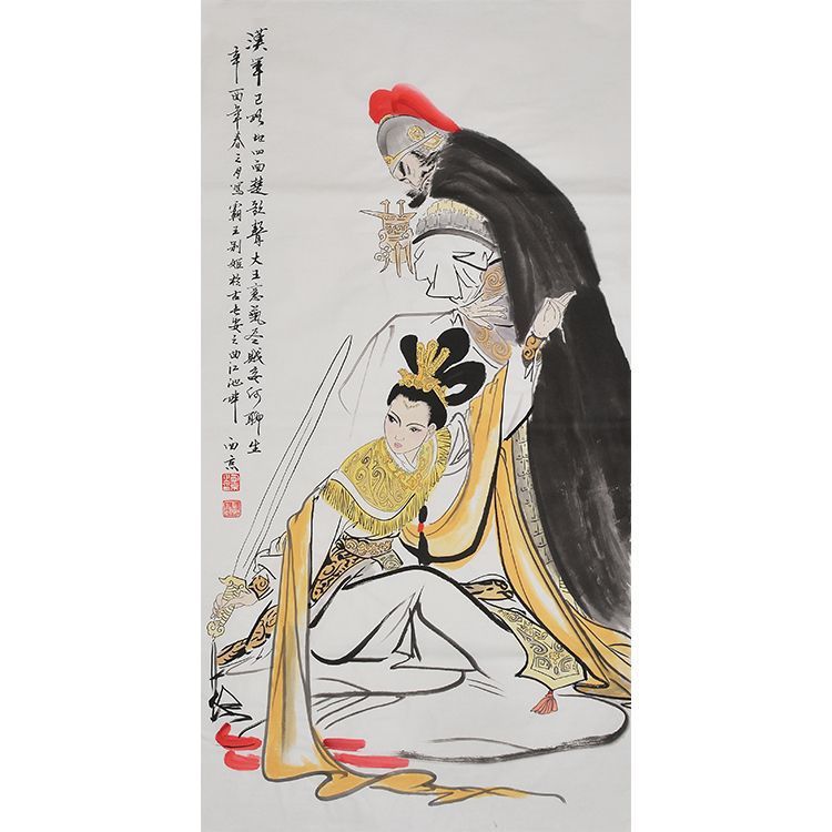 Wang Xijing inspired hand-painted Chinese historical figure painting, Farewell My Concubine 霸王別姬, dramatic traditional wall art