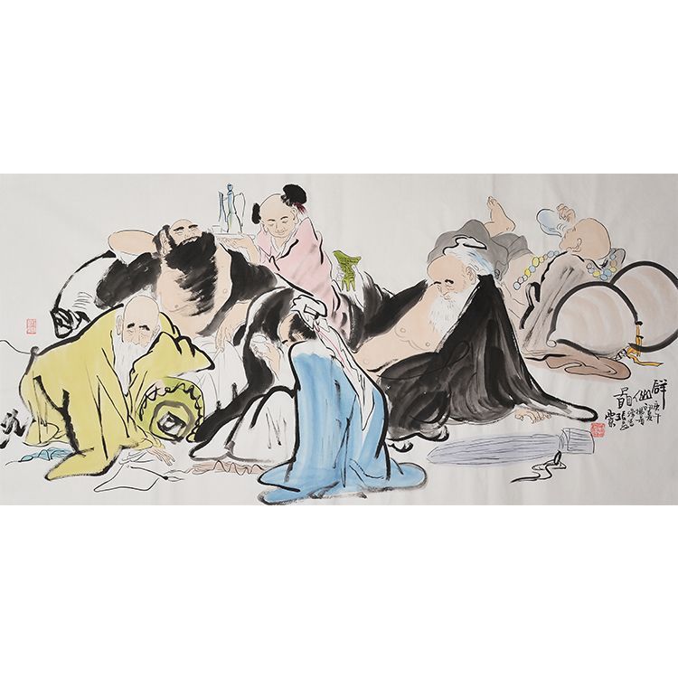 Wang Xijing inspired hand-painted Chinese Gathering of Immortals 群仙圖, horizontal scholar and immortals figure wall art