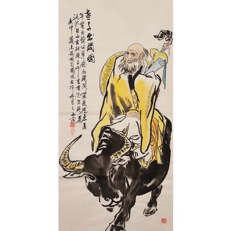 Wang Xijing inspired hand-painted Chinese Laozi Leaving the Pass 老子出關 painting, philosopher riding an ox, study and office wall art