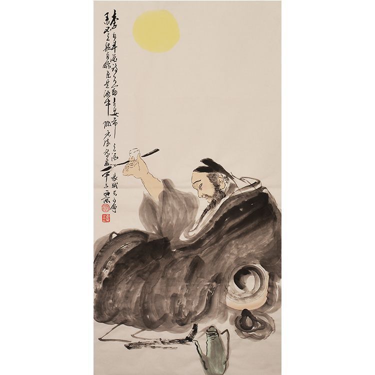 Wang Xijing inspired hand-painted Chinese portrait of poet Li Bai 李白像, moonlit literary scholar wall art