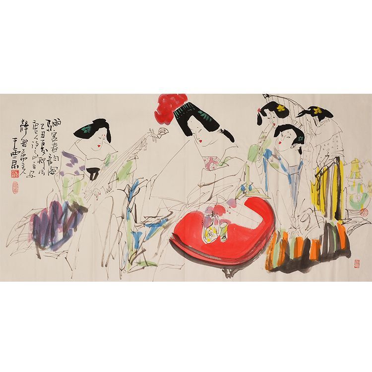 Wang Xijing inspired hand-painted Chinese court ladies painting, Spring Melody at the Li Palace 驪宮春韻圖, horizontal figure art