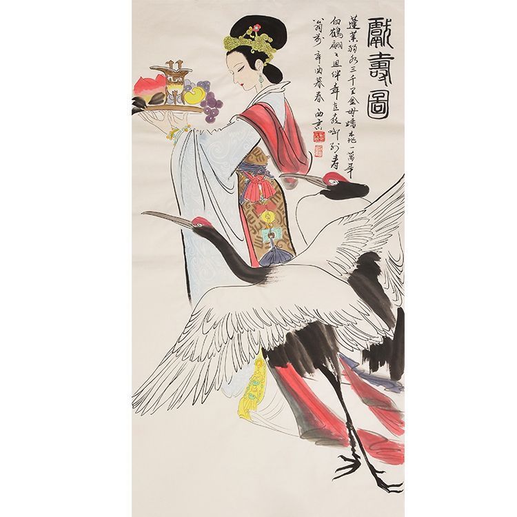 Wang Xijing inspired hand-painted Chinese longevity offering painting 獻壽圖, court lady and crane auspicious birthday wall art