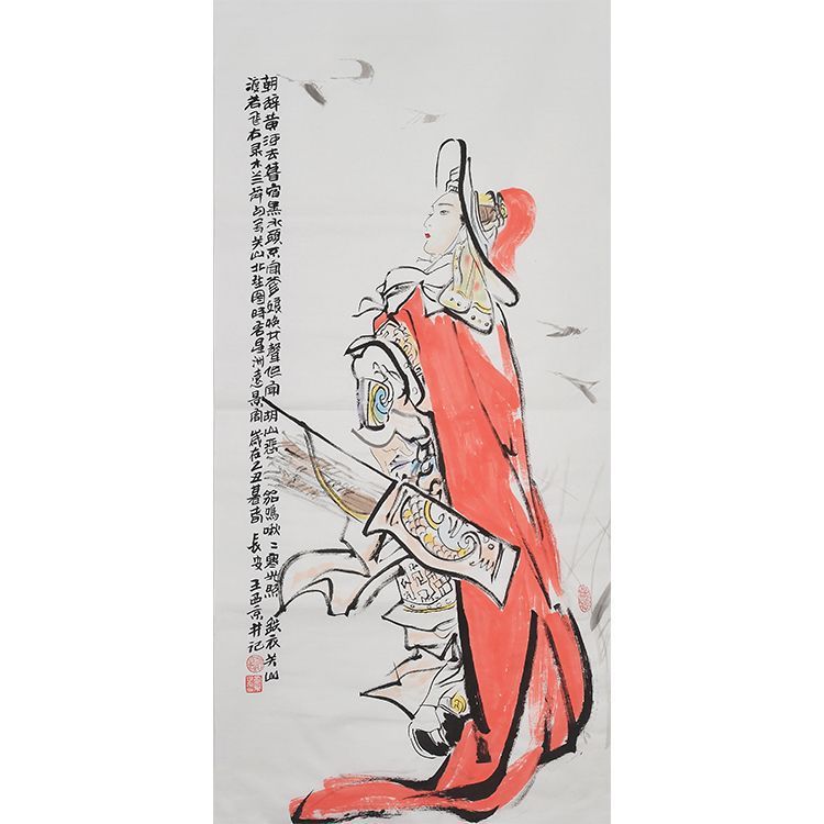 Wang Xijing inspired hand-painted Chinese Mulan painting 木蘭圖, red-robed heroine historical figure art for study or living room