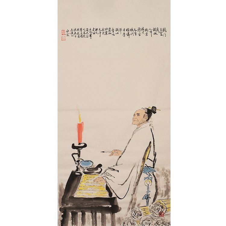 Wang Xijing inspired hand-painted Chinese Sima Qian painting 司馬遷, historian by lamplight, scholarly study and office wall art