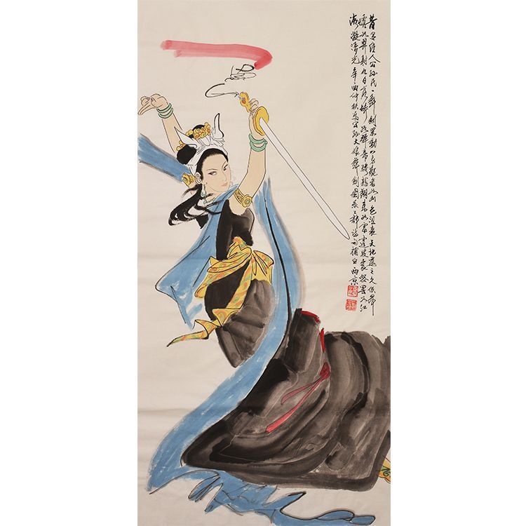 Wang Xijing inspired hand-painted Chinese figure painting, Sword-Dancing Court Lady 仕女舞劍, traditional historical wall art