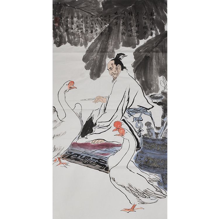 Wang Xijing inspired hand-painted Chinese Wang Xizhi Admiring Geese 羲之愛鵝 painting, scholar with white geese, study and tea room wall art