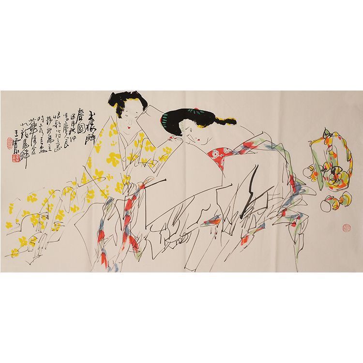 Wang Xijing inspired hand-painted Chinese Yang Yuhuan Drunken Spring painting 玉環醉春圖, Tang court lady horizontal wall art