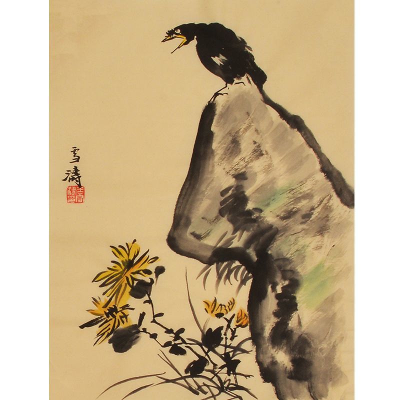 Wang Xuetao inspired hand-painted Chinese black bird on rock with yellow chrysanthemums