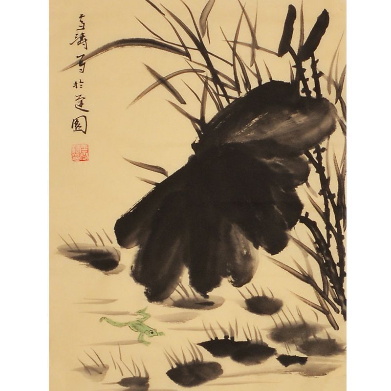 Wang Xuetao inspired hand-painted Chinese black rooster among reeds painting