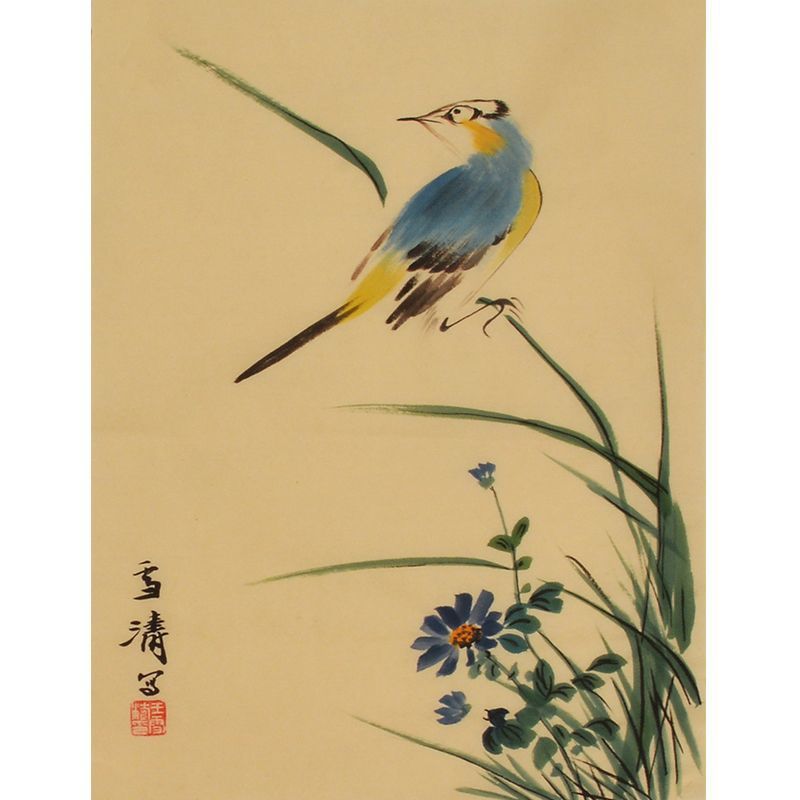 Wang Xuetao inspired hand-painted Chinese blue bird among reeds and flowers