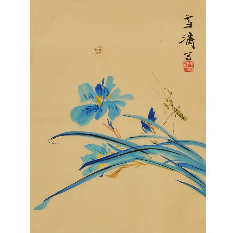 Wang Xuetao inspired hand-painted Chinese blue flower and dragonfly painting