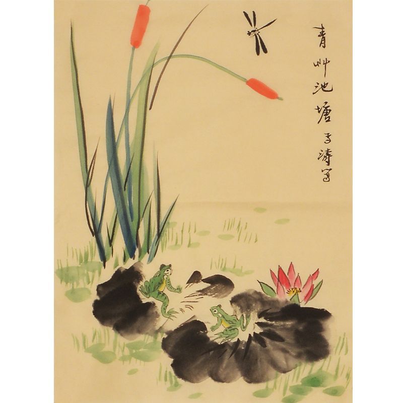 Wang Xuetao inspired hand-painted Chinese cattails, lotus and dragonfly painting