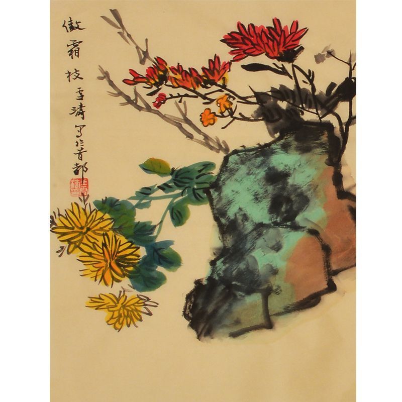 Wang Xuetao inspired hand-painted Chinese chrysanthemums and scholar rock painting