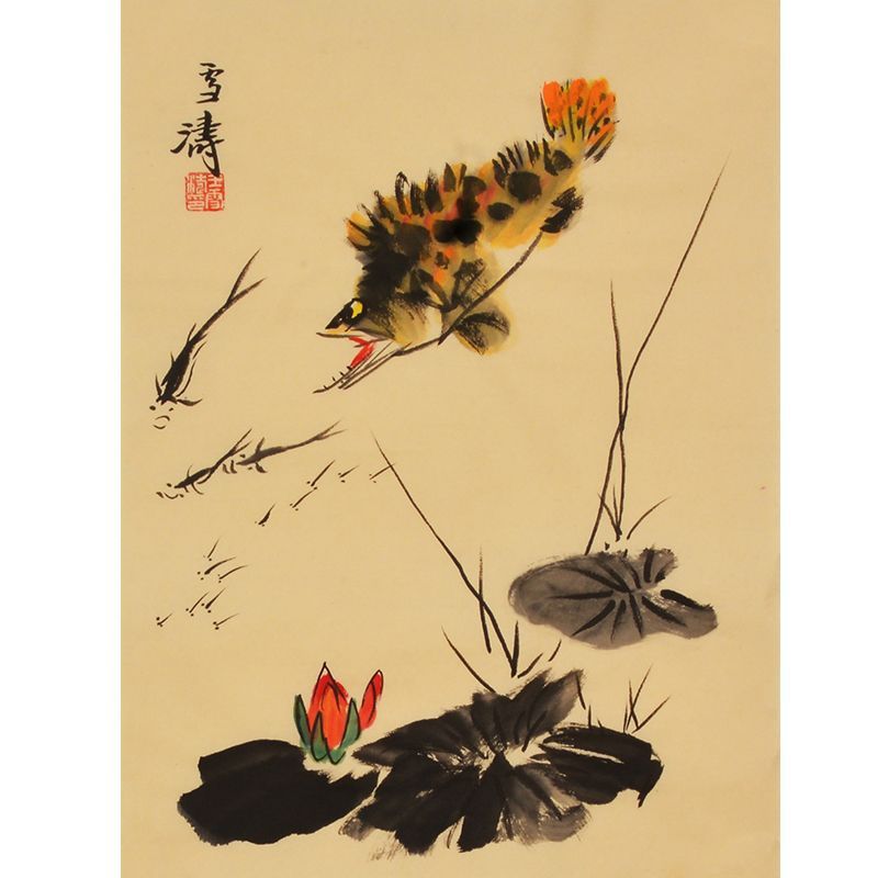 Wang Xuetao inspired hand-painted Chinese flying bird over lotus pond painting