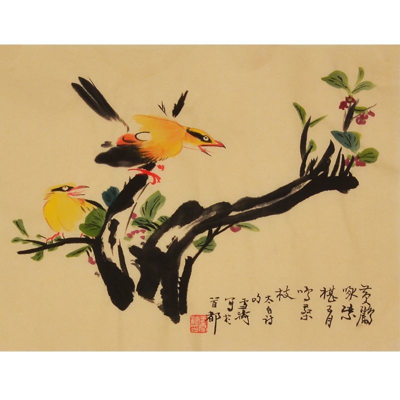 Wang Xuetao inspired hand-painted Chinese golden birds on flowering branch painting