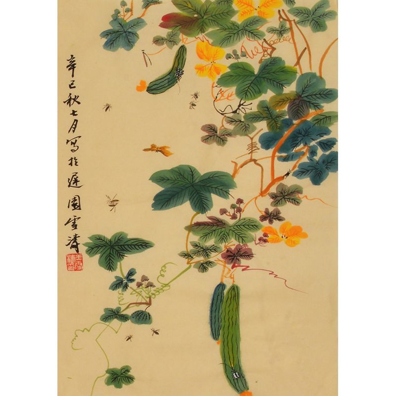 Wang Xuetao inspired hand-painted Chinese gourd vine and yellow blossom painting