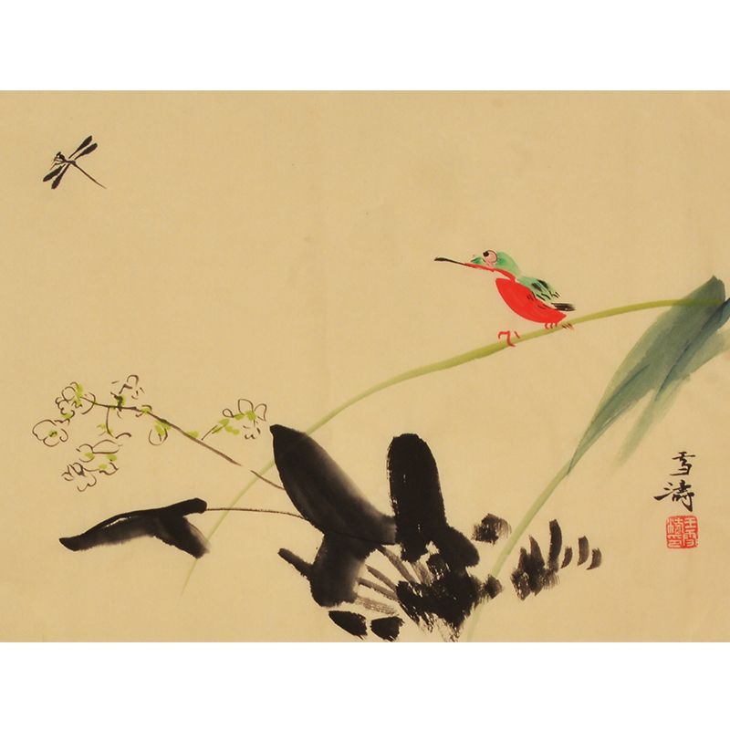 Wang Xuetao inspired hand-painted Chinese kingfisher and dragonfly over ink rock painting