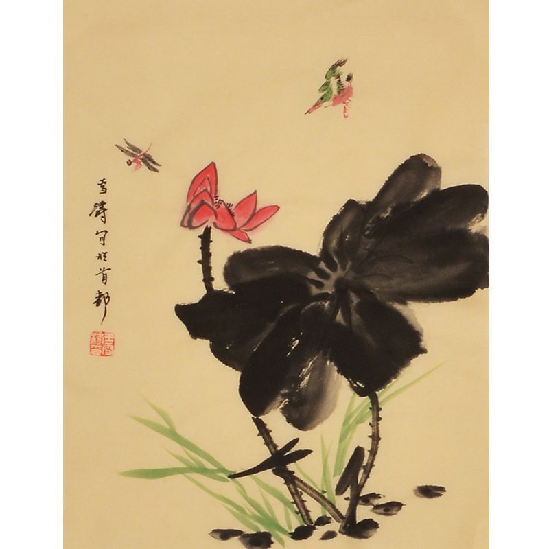 Wang Xuetao inspired hand-painted Chinese lotus, kingfisher and dragonfly painting
