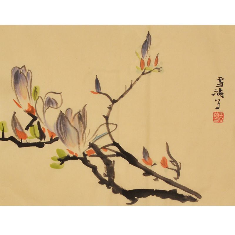 Wang Xuetao inspired hand-painted Chinese magnolia branch in bloom painting