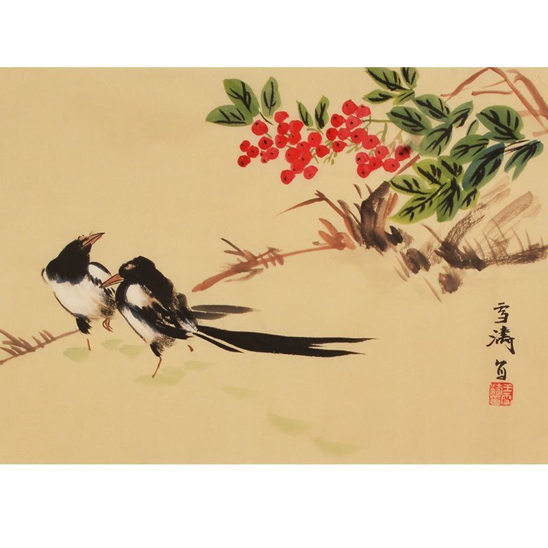 Wang Xuetao inspired hand-painted Chinese magpie pair with red berries painting