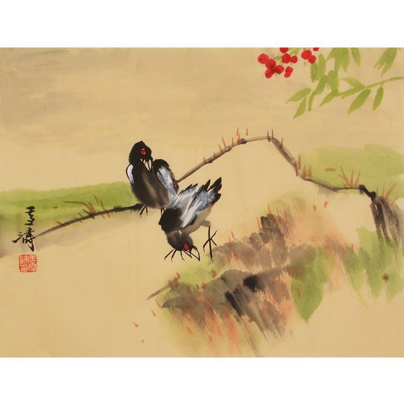 Wang Xuetao inspired hand-painted Chinese magpies by riverbank with red berries, flower-and-bird art