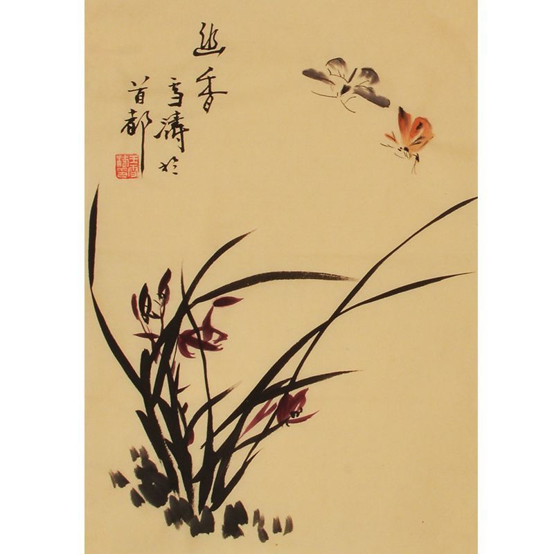 Wang Xuetao inspired hand-painted Chinese orchid and butterflies painting