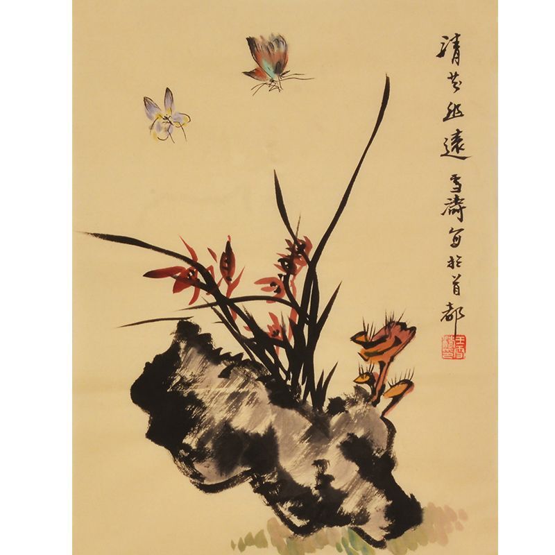 Wang Xuetao inspired hand-painted Chinese orchids on scholar rock with butterflies