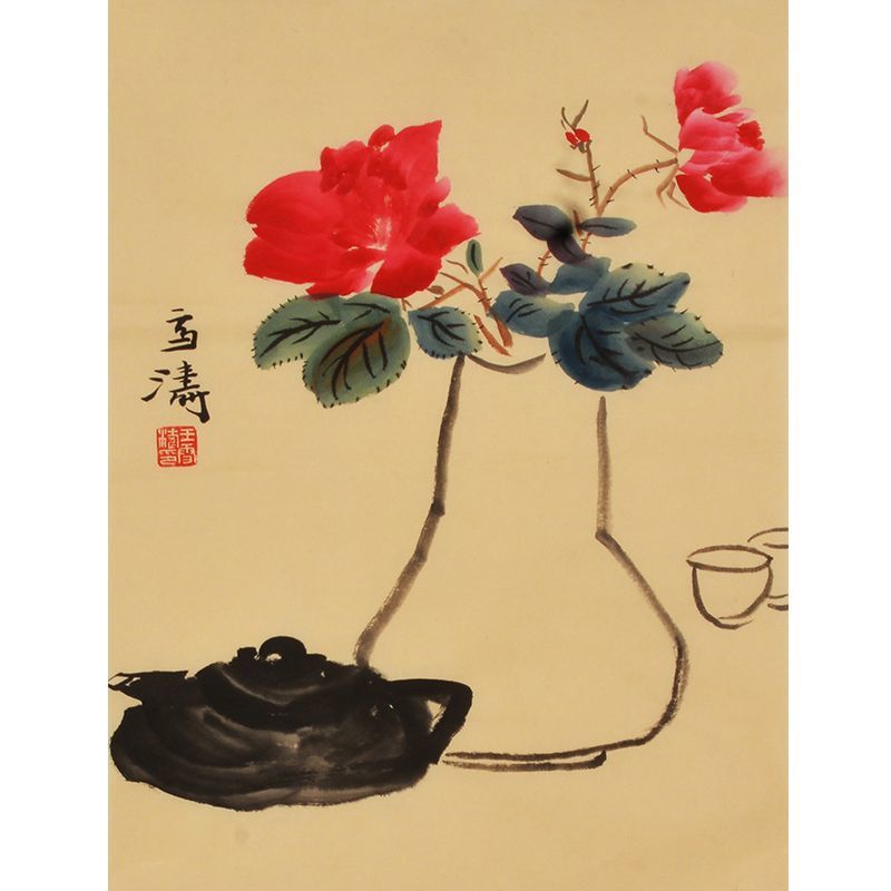 Wang Xuetao inspired hand-painted Chinese peony stems in ink vessel painting