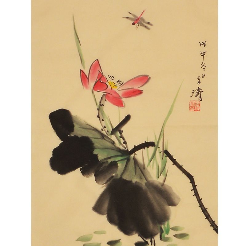 Wang Xuetao inspired hand-painted Chinese pink lotus and dragonfly painting, 35 x 45 cm