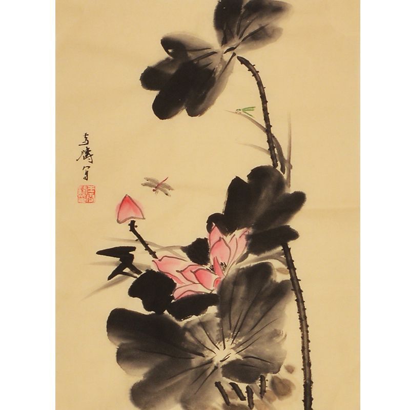 Wang Xuetao inspired hand-painted Chinese pink lotus and dragonfly flower-and-bird painting