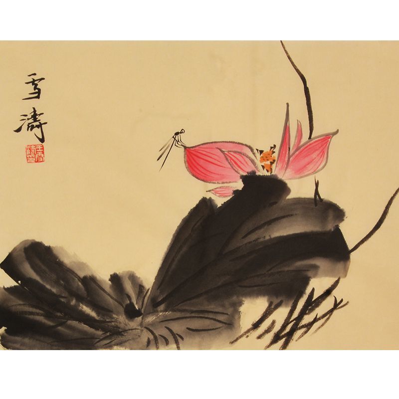 Wang Xuetao inspired hand-painted Chinese pink lotus and insects painting