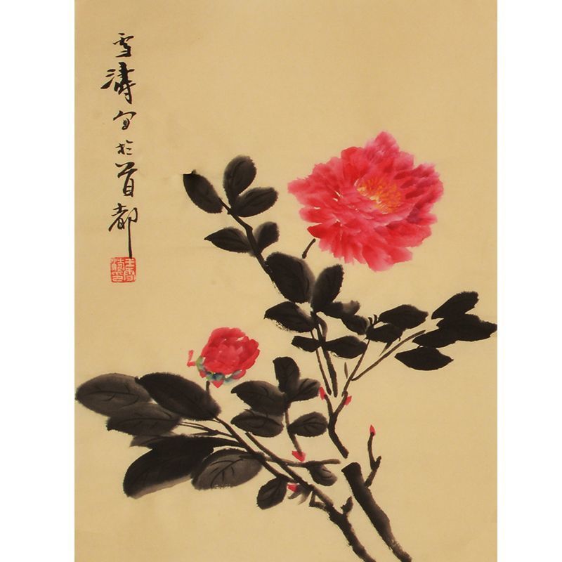 Wang Xuetao inspired hand-painted Chinese pink peony branch painting